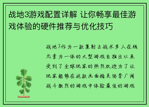 战地3游戏配置详解 让你畅享最佳游戏体验的硬件推荐与优化技巧