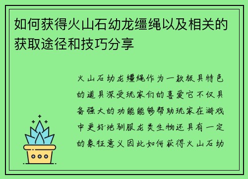 如何获得火山石幼龙缰绳以及相关的获取途径和技巧分享